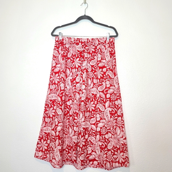 LOFT Paisley Tropical Print Button Front Midi Skirt in Red - Picture 3 of 9
